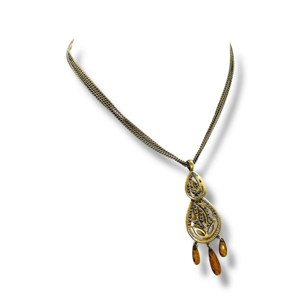 Goldtone Pendant Necklace 15-17" Triple Chain Amber Color Bead 3" Drop